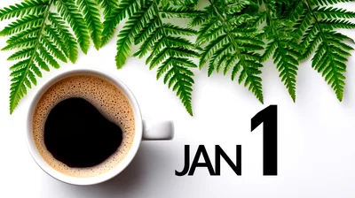 Coffee Cup With Fern Leaves And January First Date
