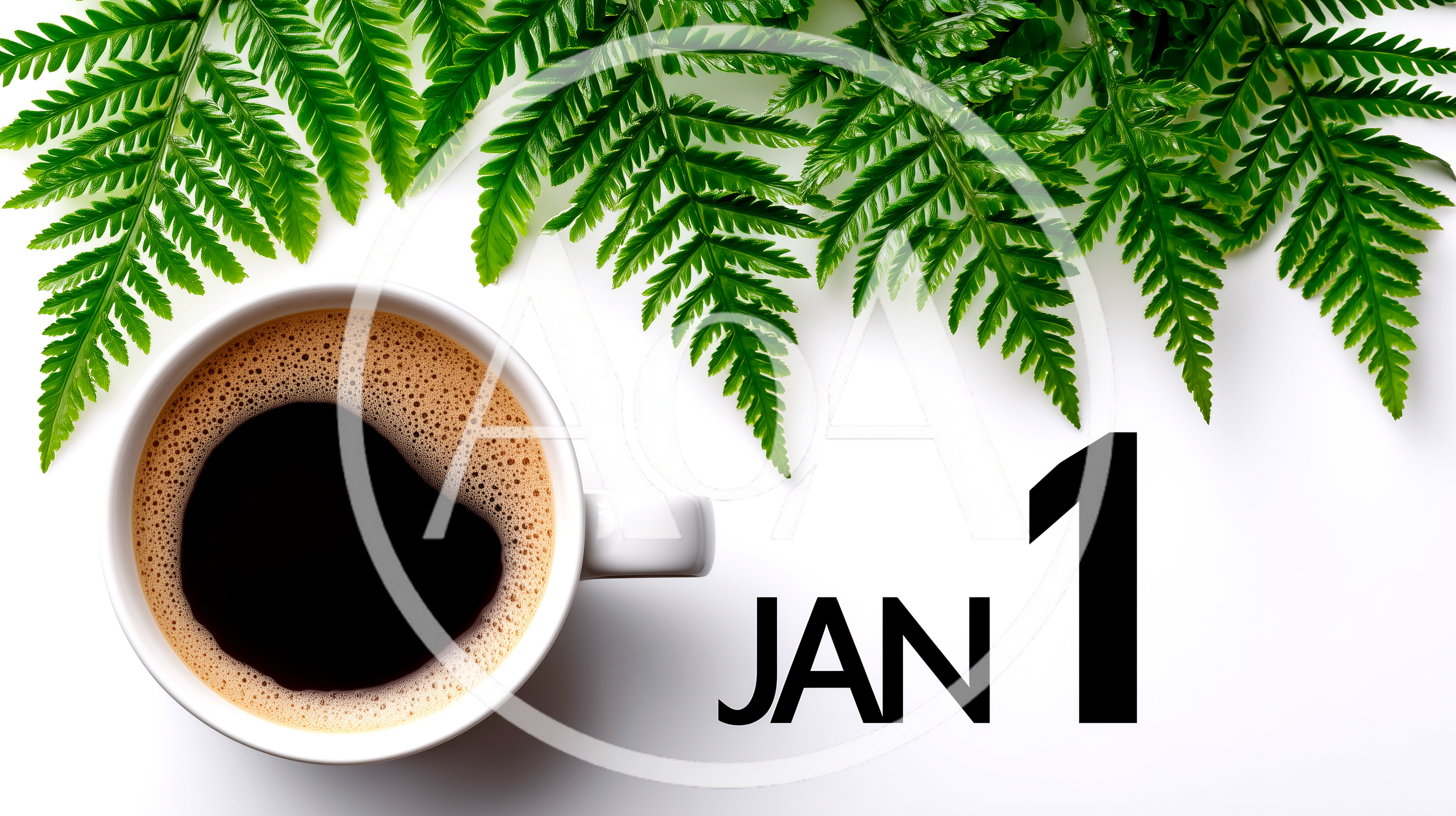 Coffee Cup With Fern Leaves And January First Date