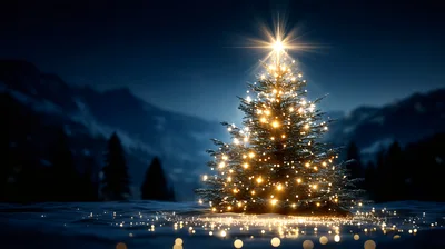 Illuminated Christmas Tree In Snowy Mountain Landscape