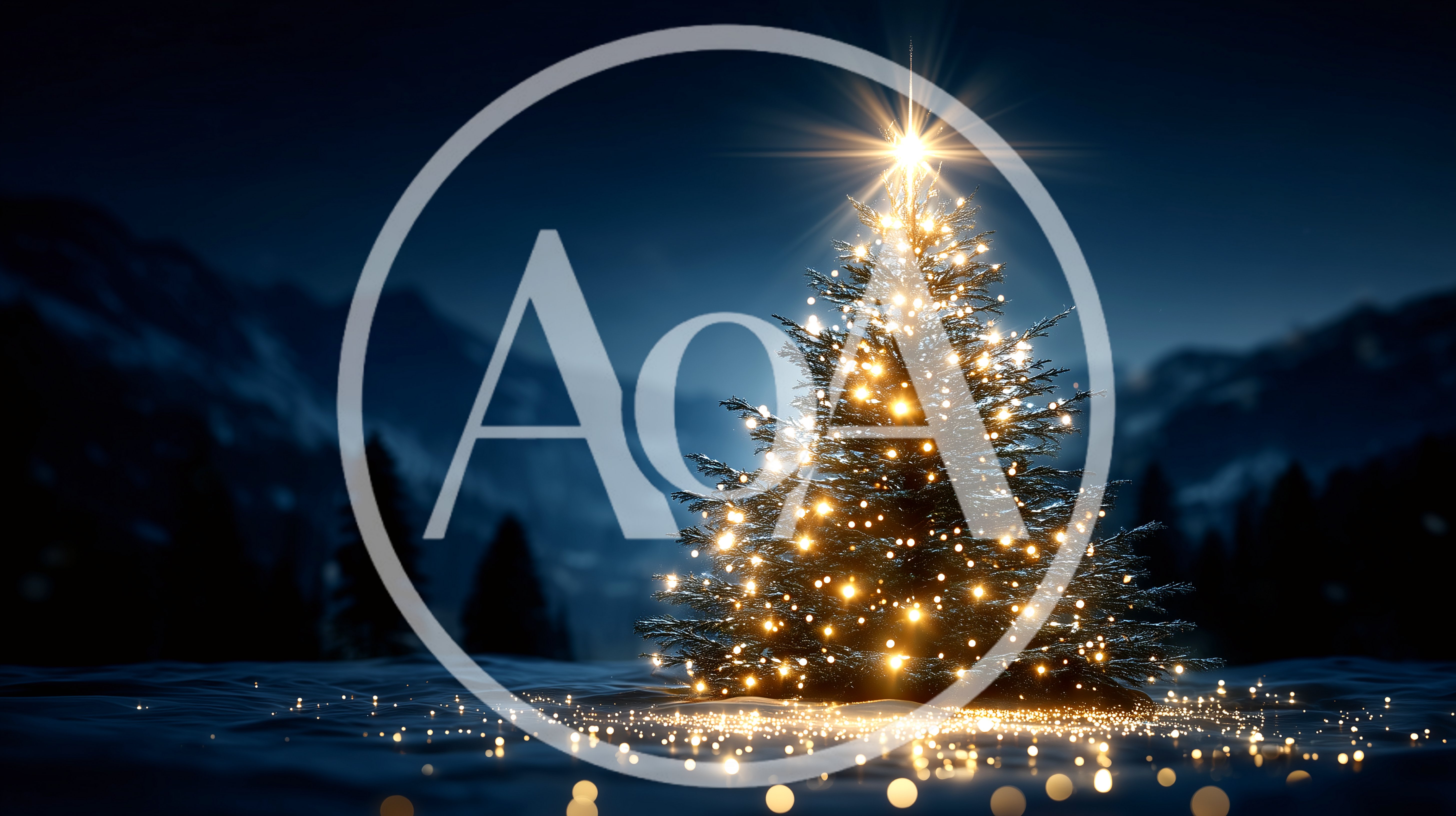 Illuminated Christmas Tree In Snowy Mountain Landscape