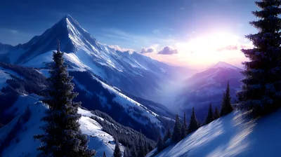 Snowy Mountain Peaks At Sunrise In Winter