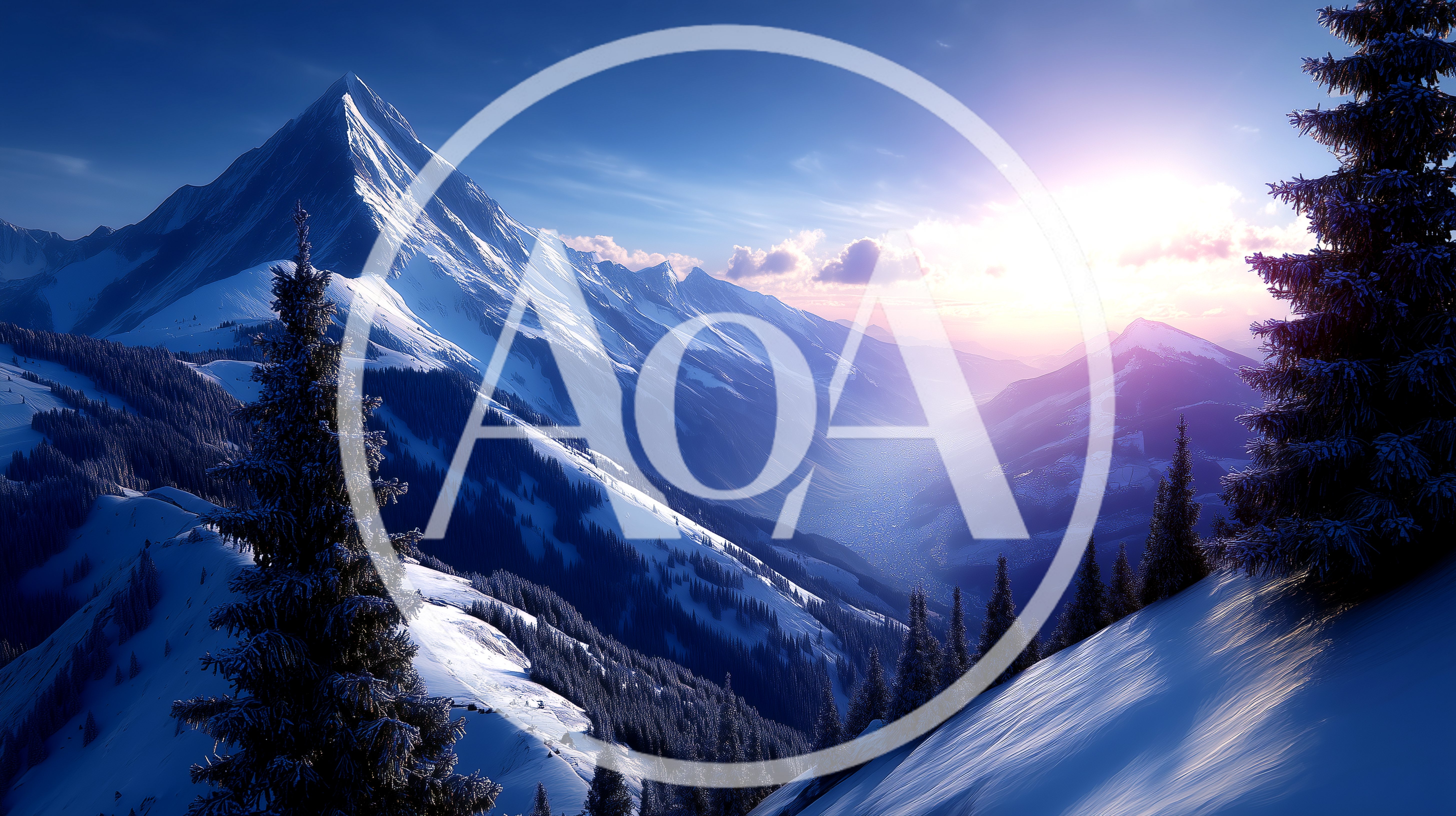 Snowy Mountain Peaks At Sunrise In Winter