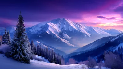 Snow Covered Mountain Range Under A Vibrant Purple Sunset