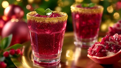Two Pomegranate Cocktails With Gold Rimmed Glasses