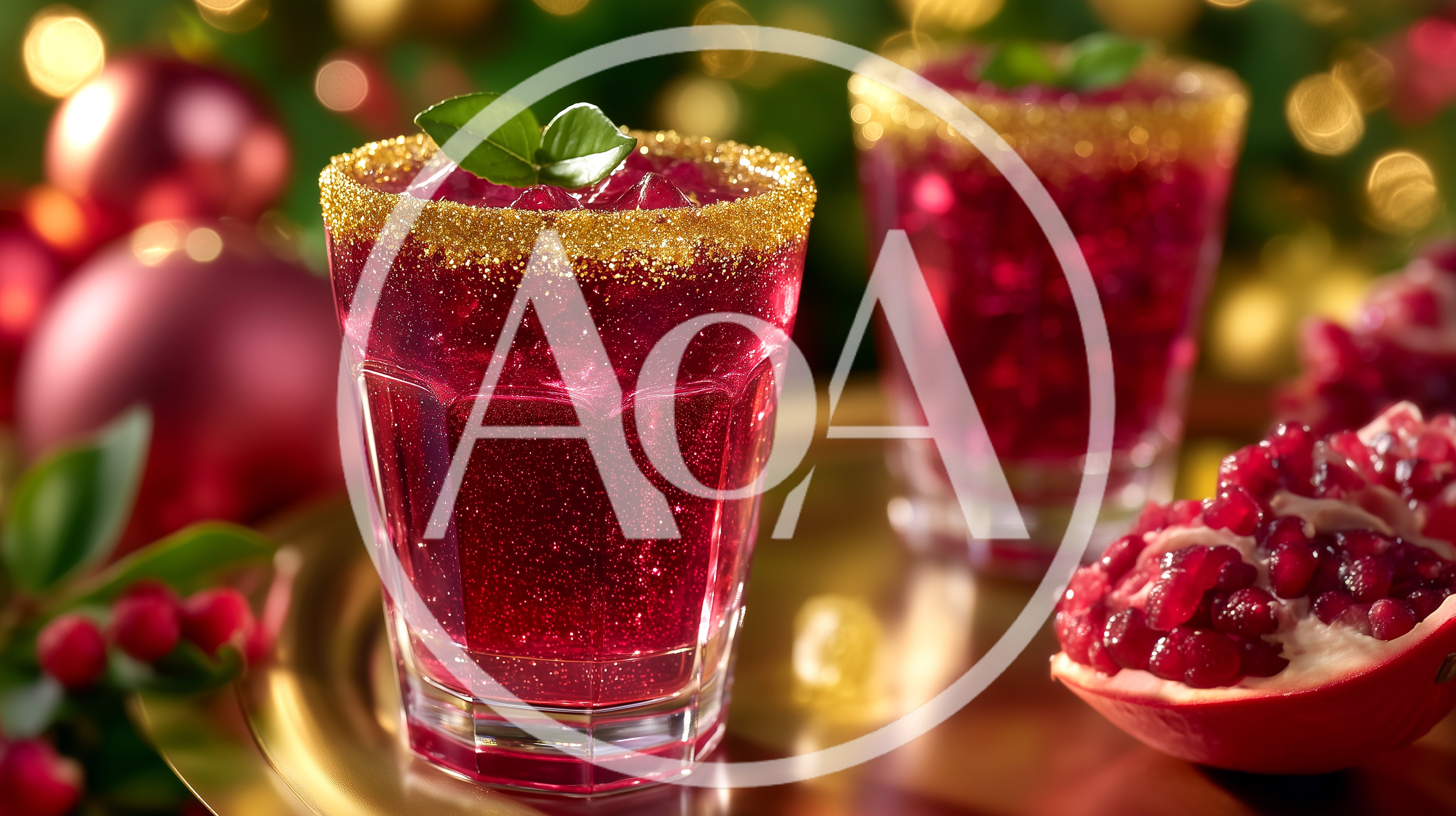 Two Pomegranate Cocktails With Gold Rimmed Glasses