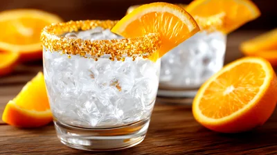 Two Glasses Of Iced Cocktail With Orange Garnish