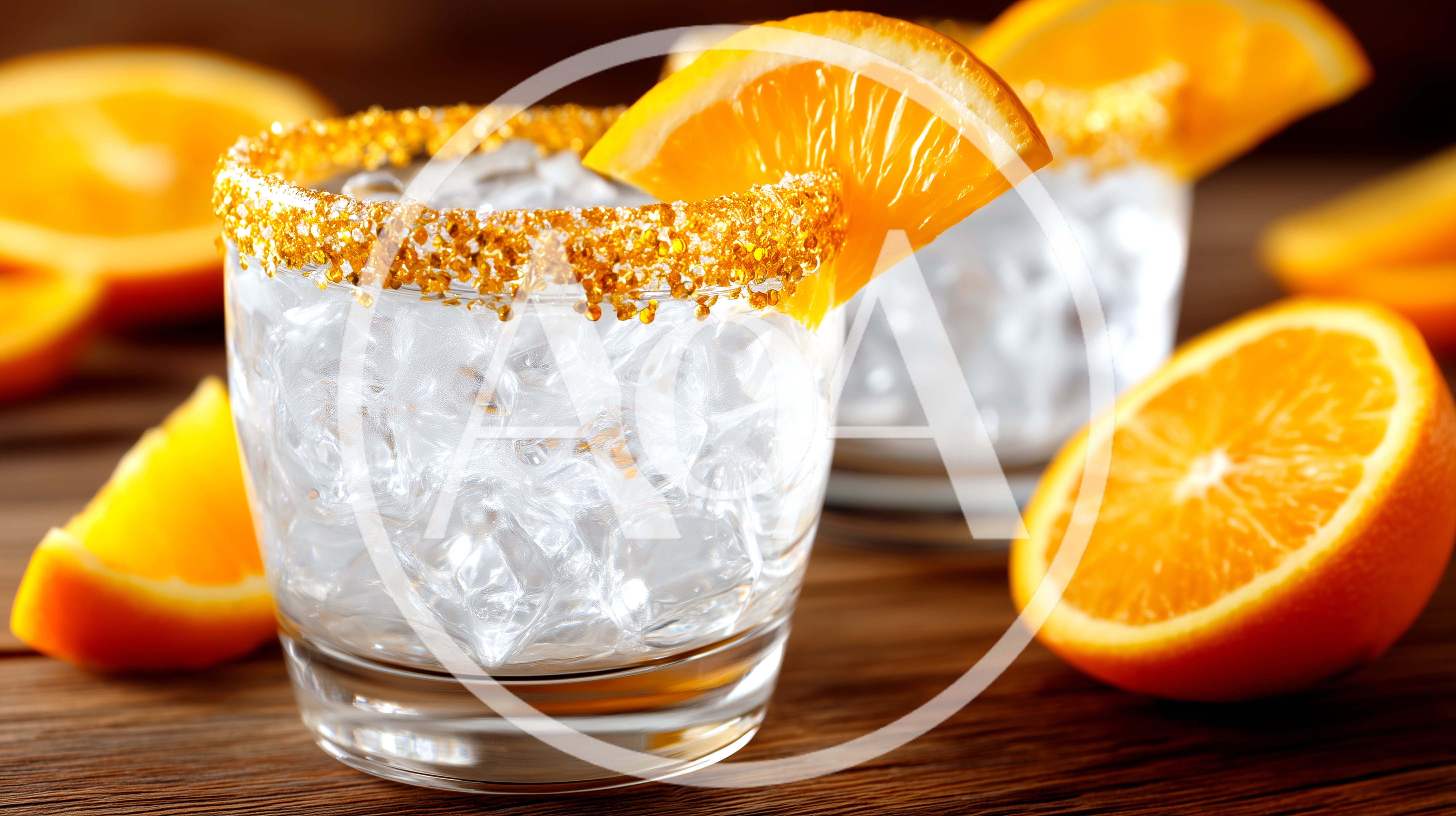 Two Glasses Of Iced Cocktail With Orange Garnish