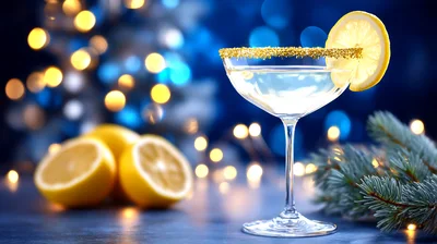Festive Lemon Cocktail With Holiday Lights Background