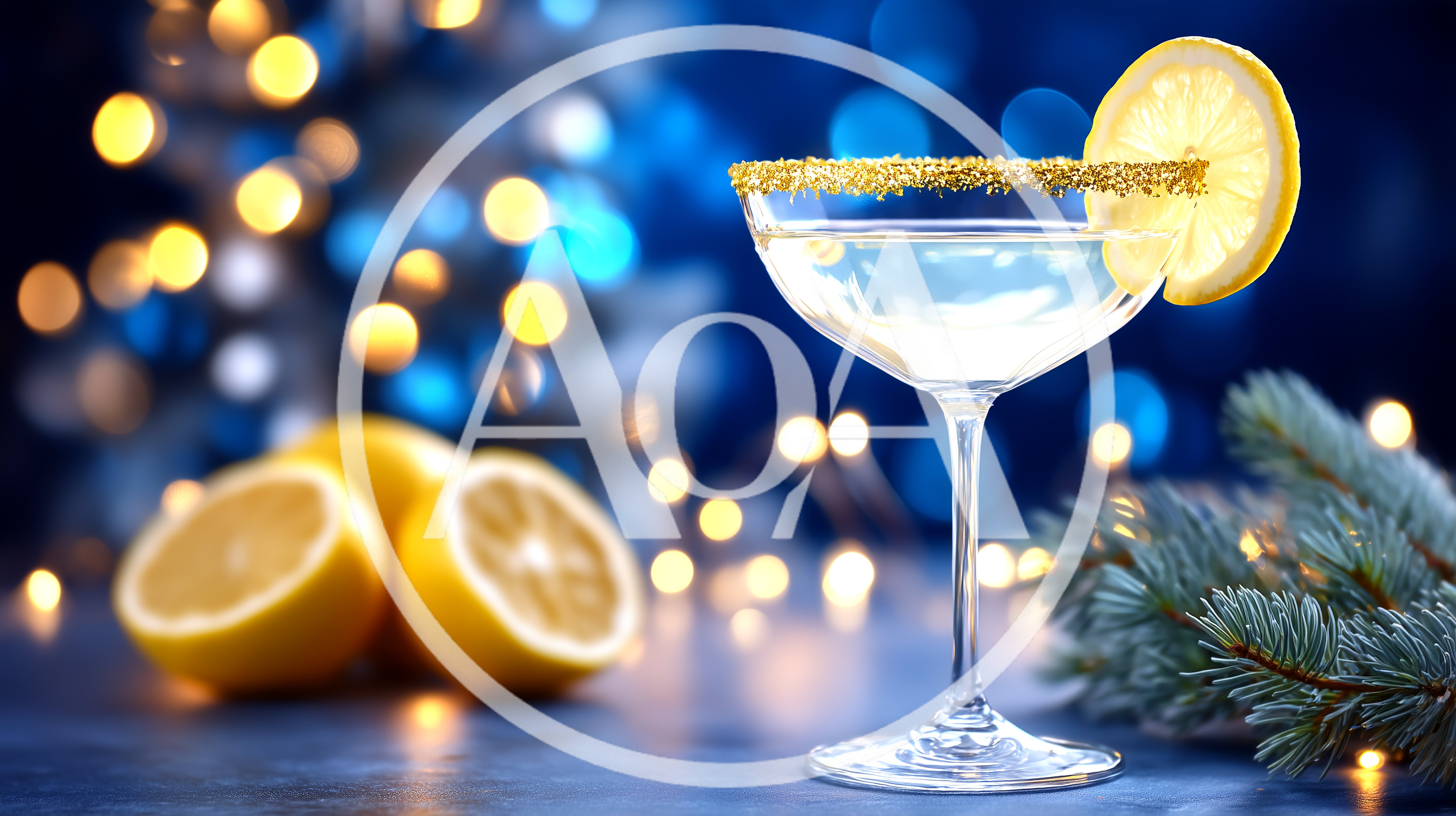 Festive Lemon Cocktail With Holiday Lights Background