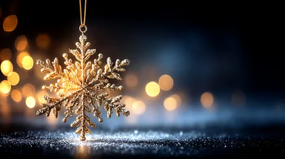 Golden Snowflake Ornament Hanging Against Bokeh Background