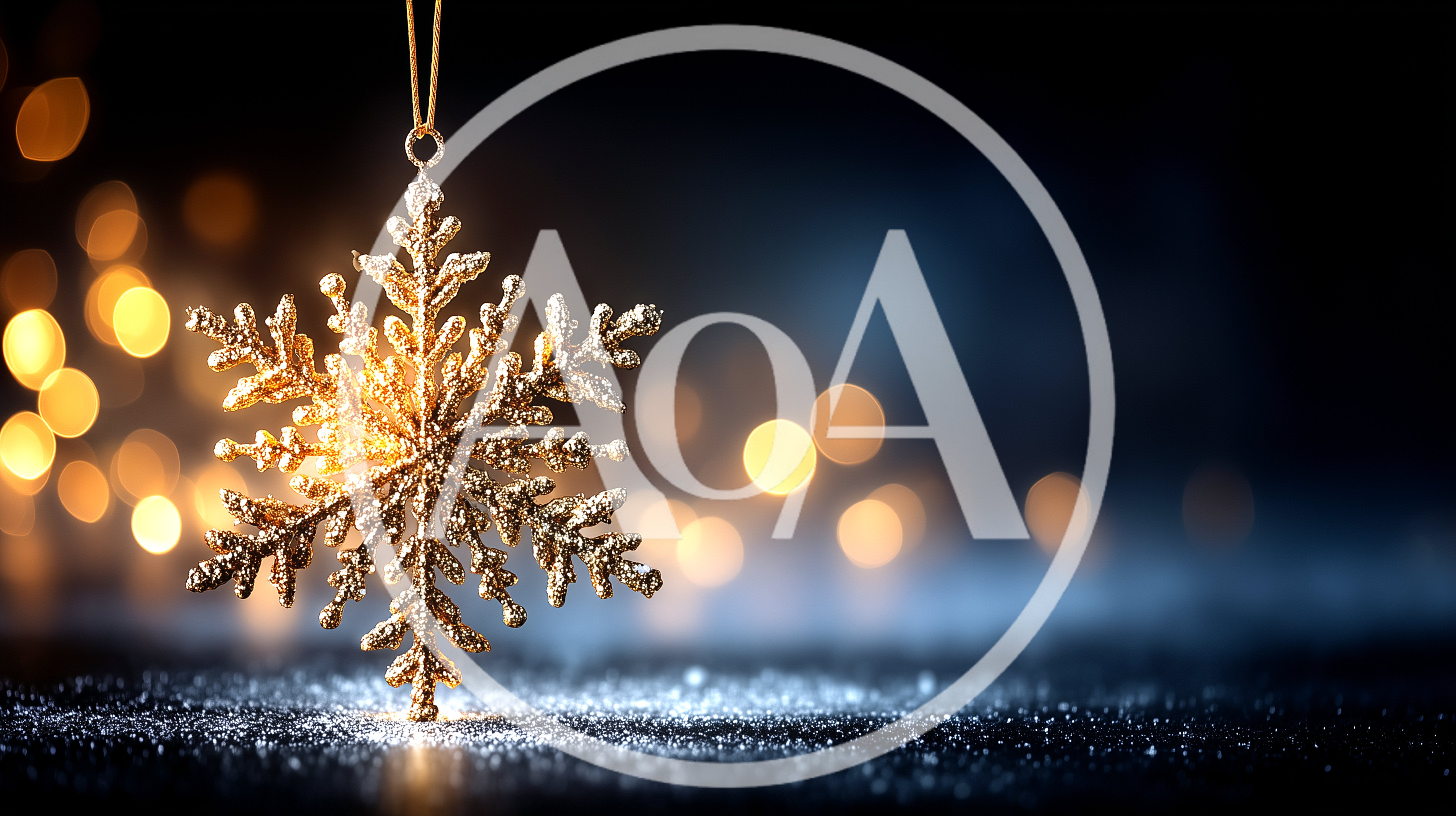 Golden Snowflake Ornament Hanging Against Bokeh Background