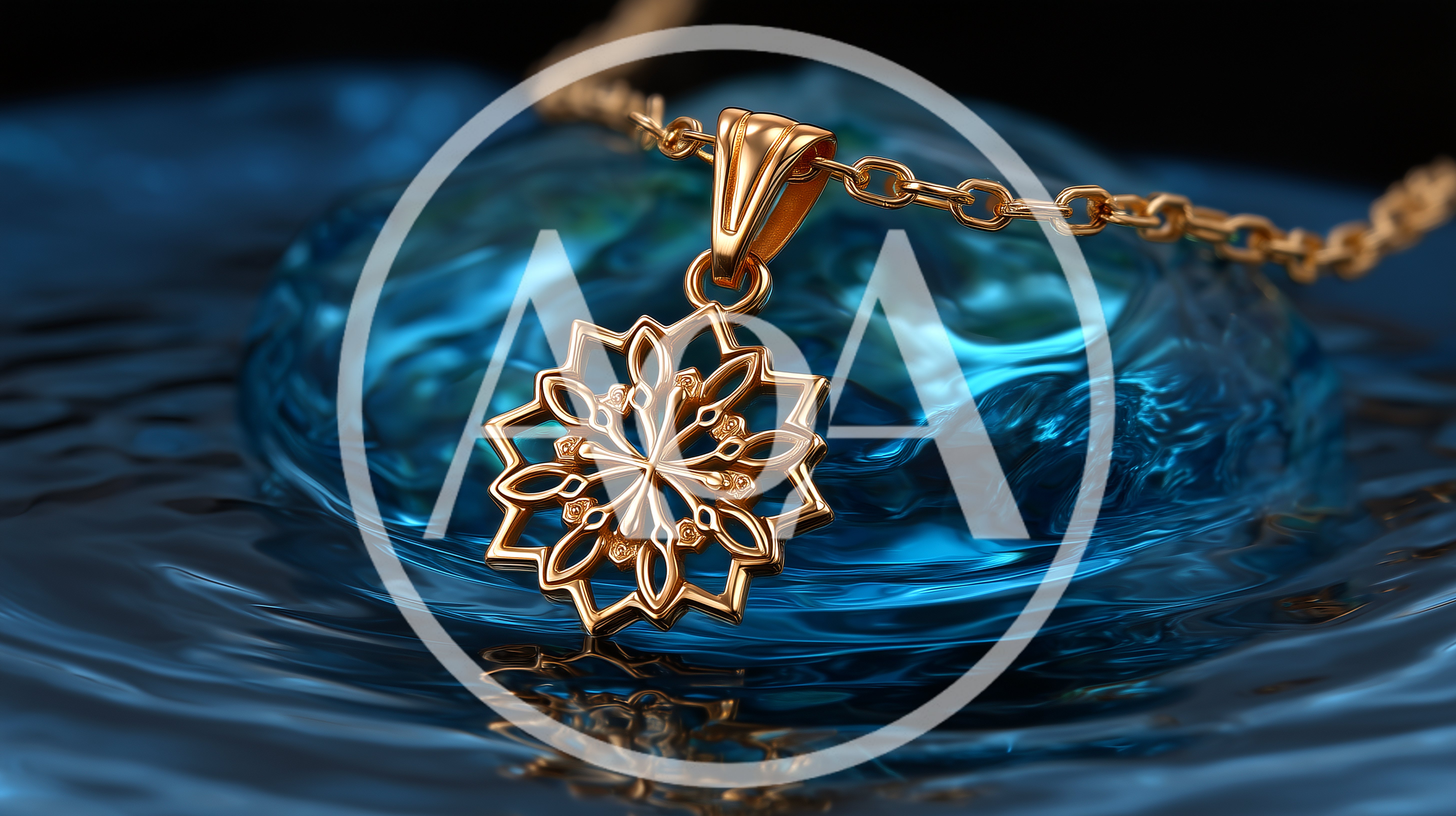 Gold Mandala Pendant Resting On Rippling Blue Water