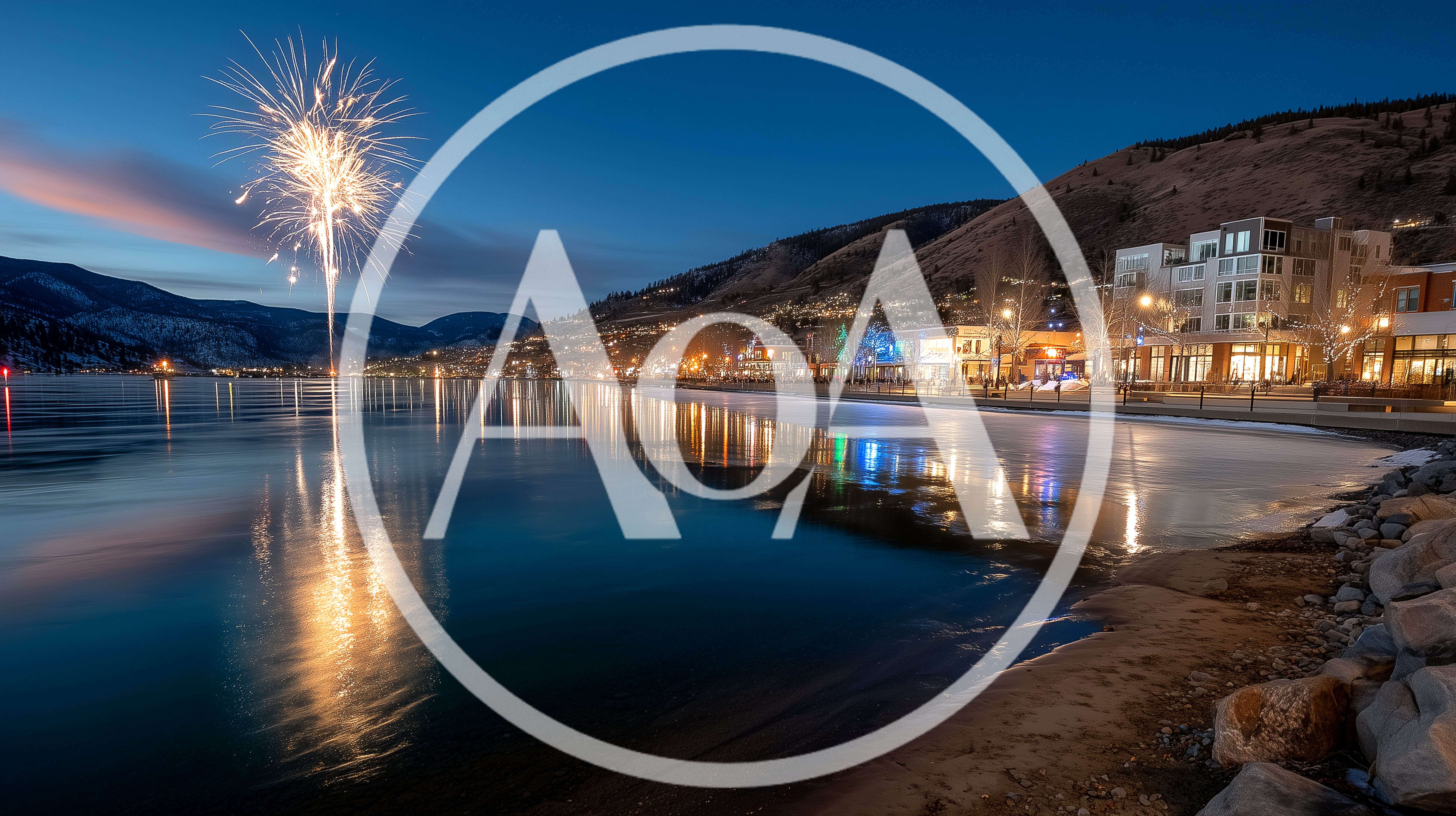 Fireworks Display Over A Frozen Lakefront Town