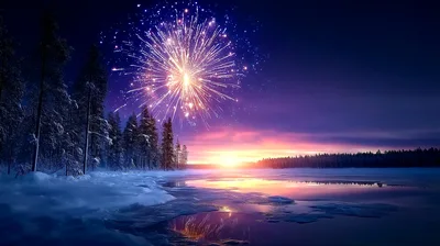 Fireworks Display Over A Frozen Winter Lake