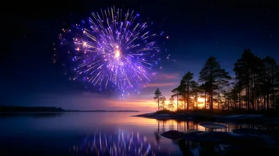 Purple Fireworks Exploding Over A Calm Lake At Sunset