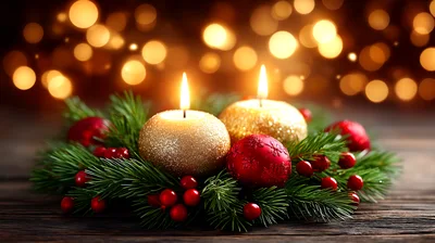 Two Golden Christmas Candles With Red Ornaments