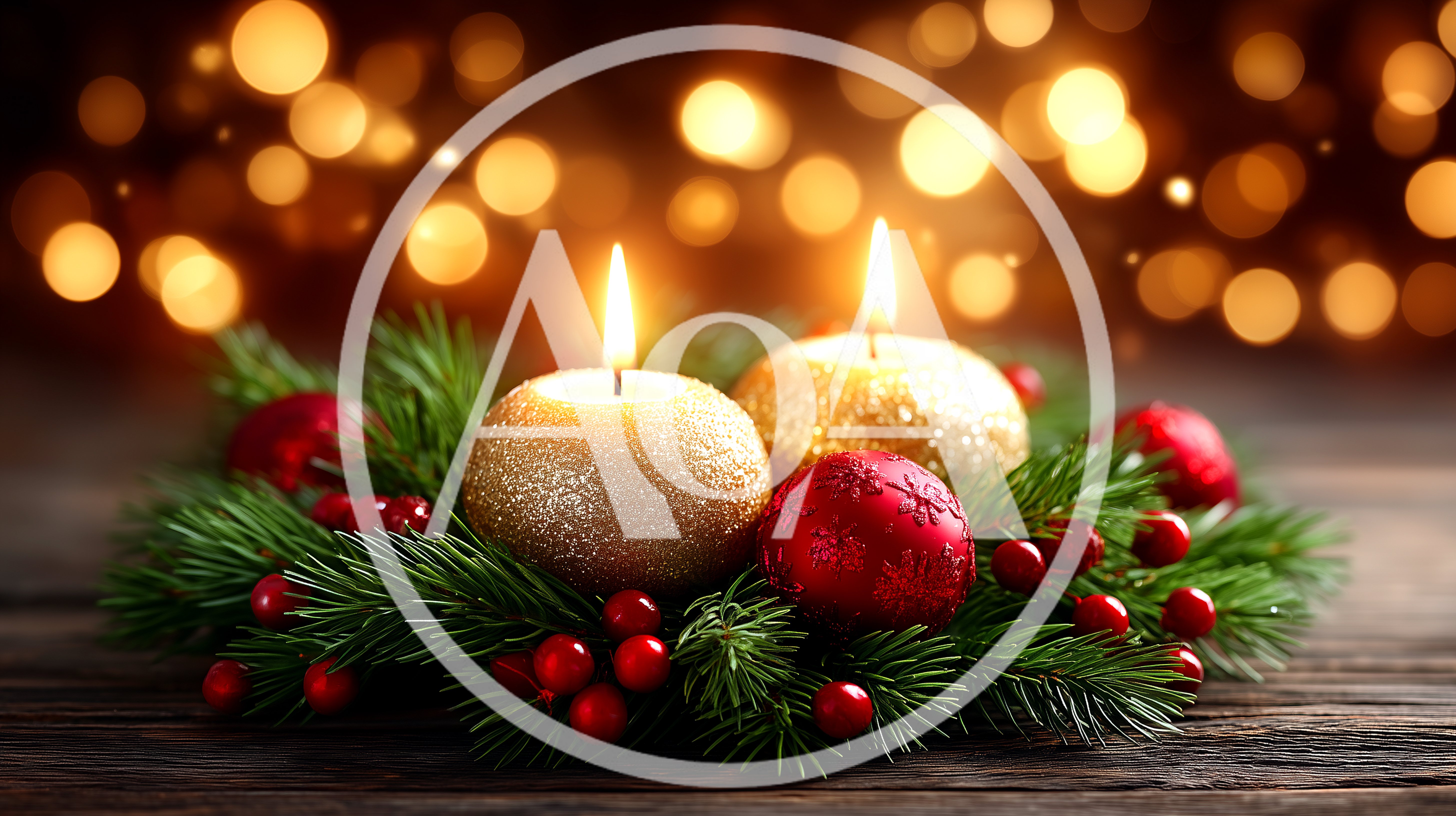 Two Golden Christmas Candles With Red Ornaments
