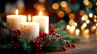 Three Lit Christmas Candles With Pine And Berries