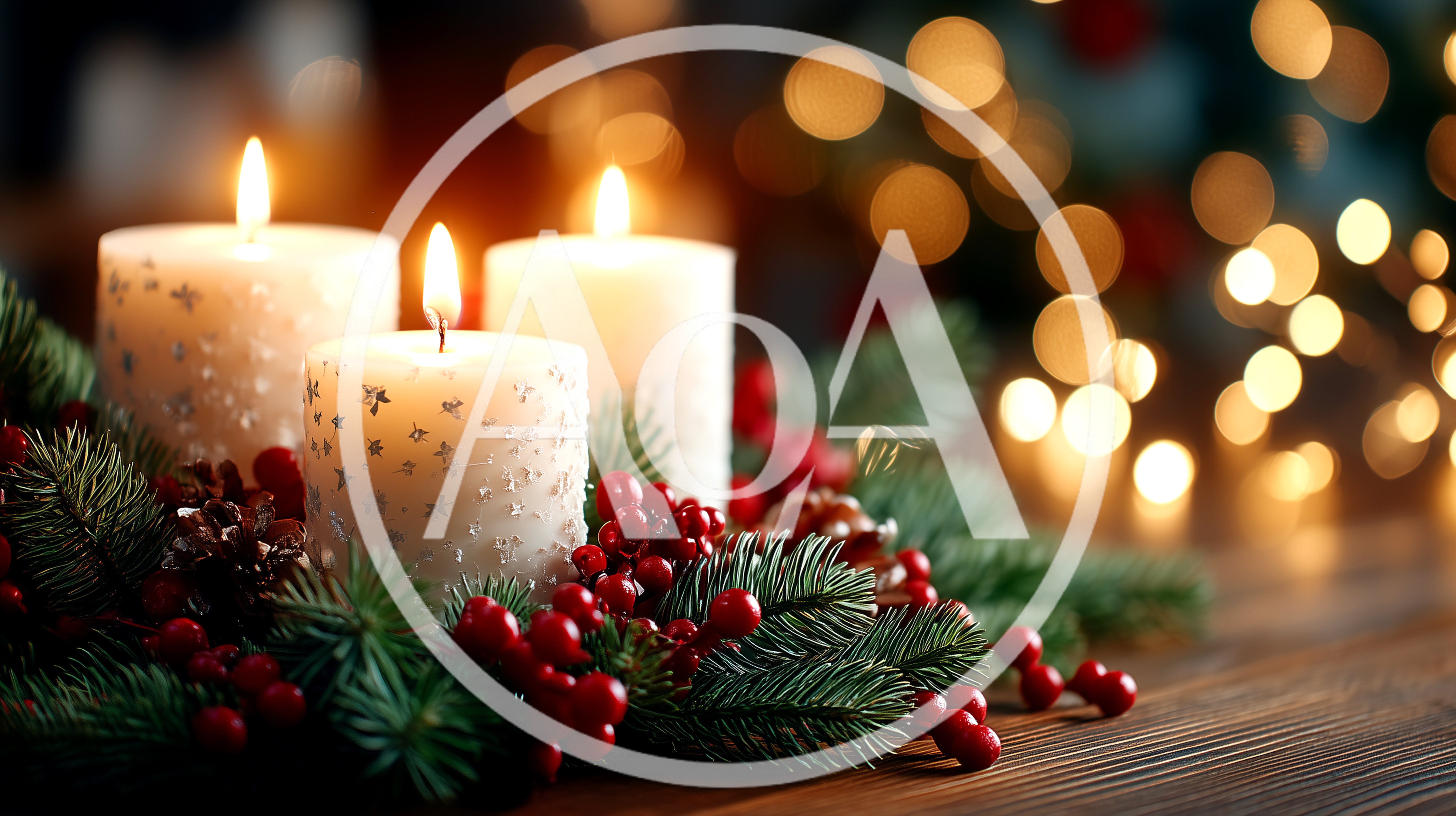 Three Lit Christmas Candles With Pine And Berries