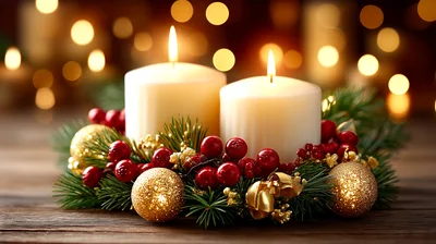Two Lit Christmas Candles With Festive Decorations