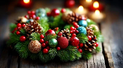 Christmas Wreath With Ornaments And Pinecones