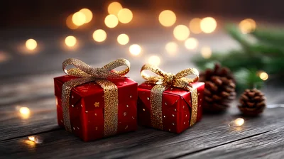 Two Red Christmas Gift Boxes With Gold Ribbons