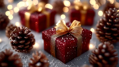 Red Christmas Gift Boxes With Gold Ribbons And Pinecones