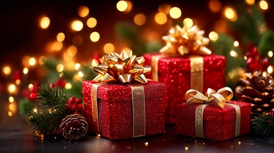 Three Red Christmas Gift Boxes With Gold Ribbons