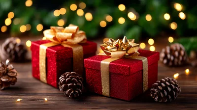 Two Red Christmas Gift Boxes With Gold Ribbons
