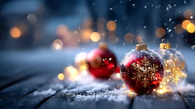 Christmas Ornaments Resting On A Snowy Wooden Surface