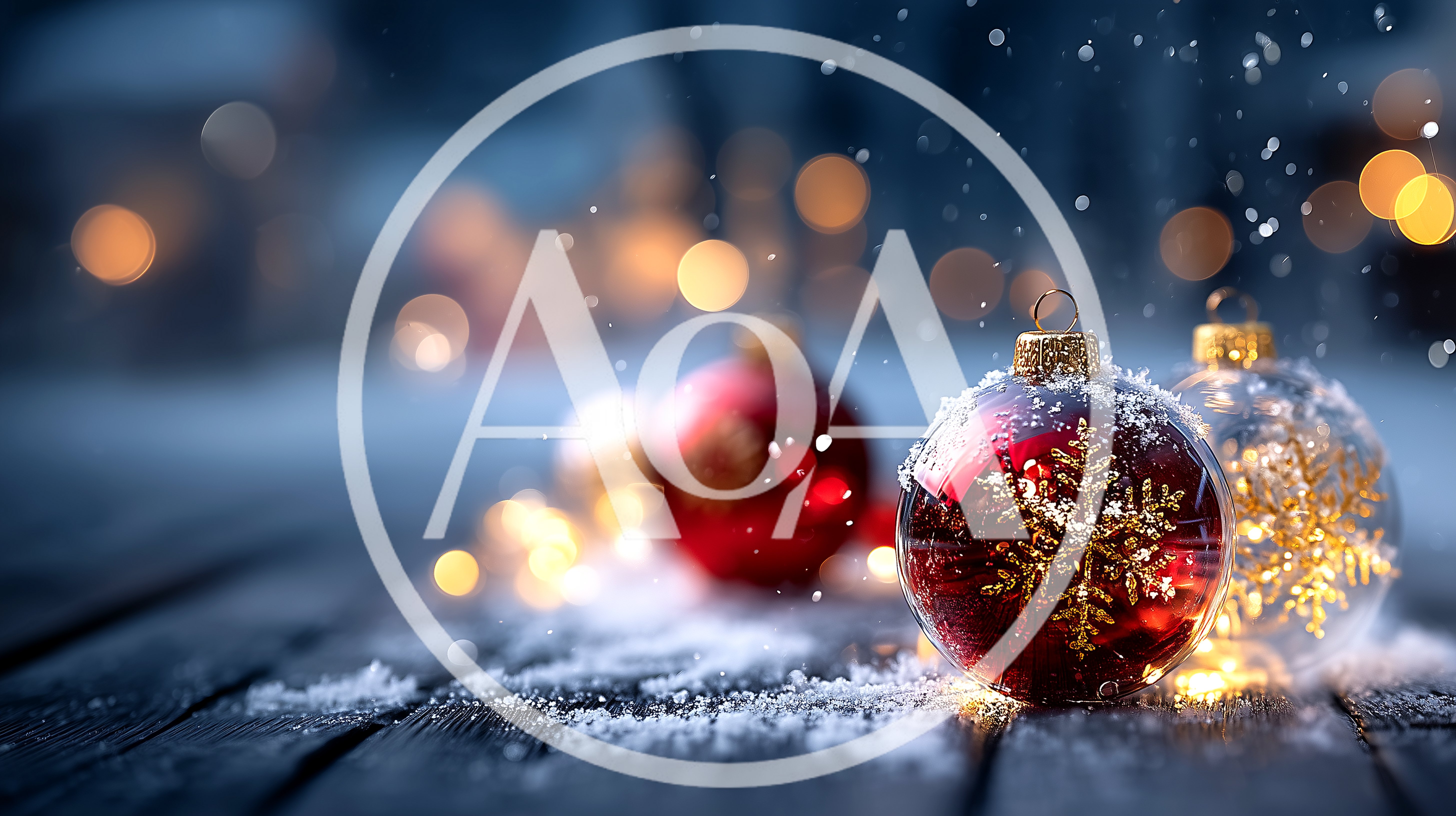 Christmas Ornaments Resting On A Snowy Wooden Surface