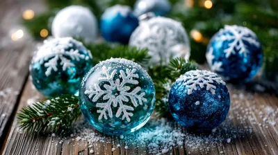 Blue Christmas Ornaments With Snowflakes On Wooden Surface
