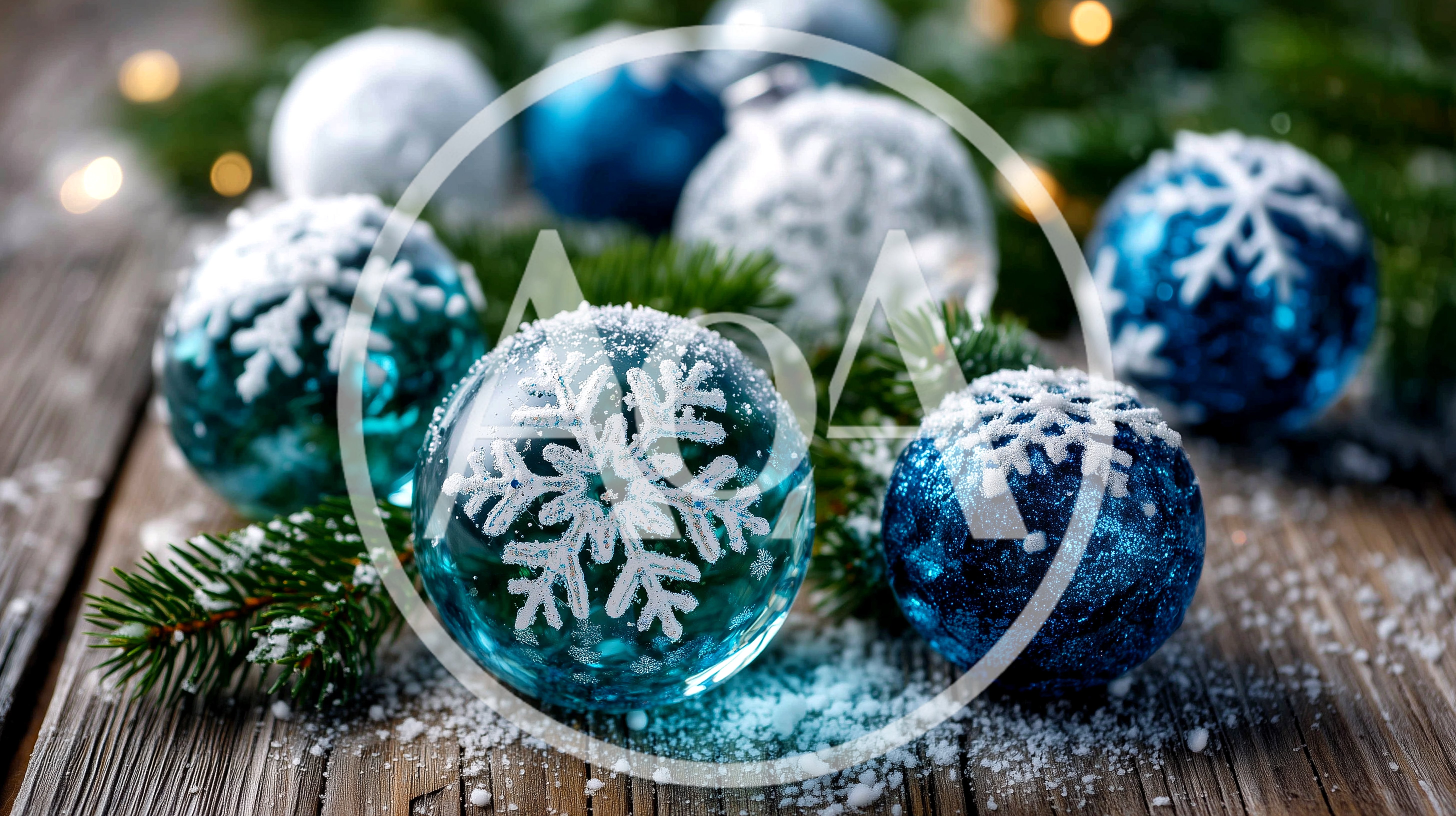 Blue Christmas Ornaments With Snowflakes On Wooden Surface