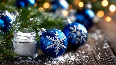 Blue Christmas Ornaments With Snow On Wooden Table