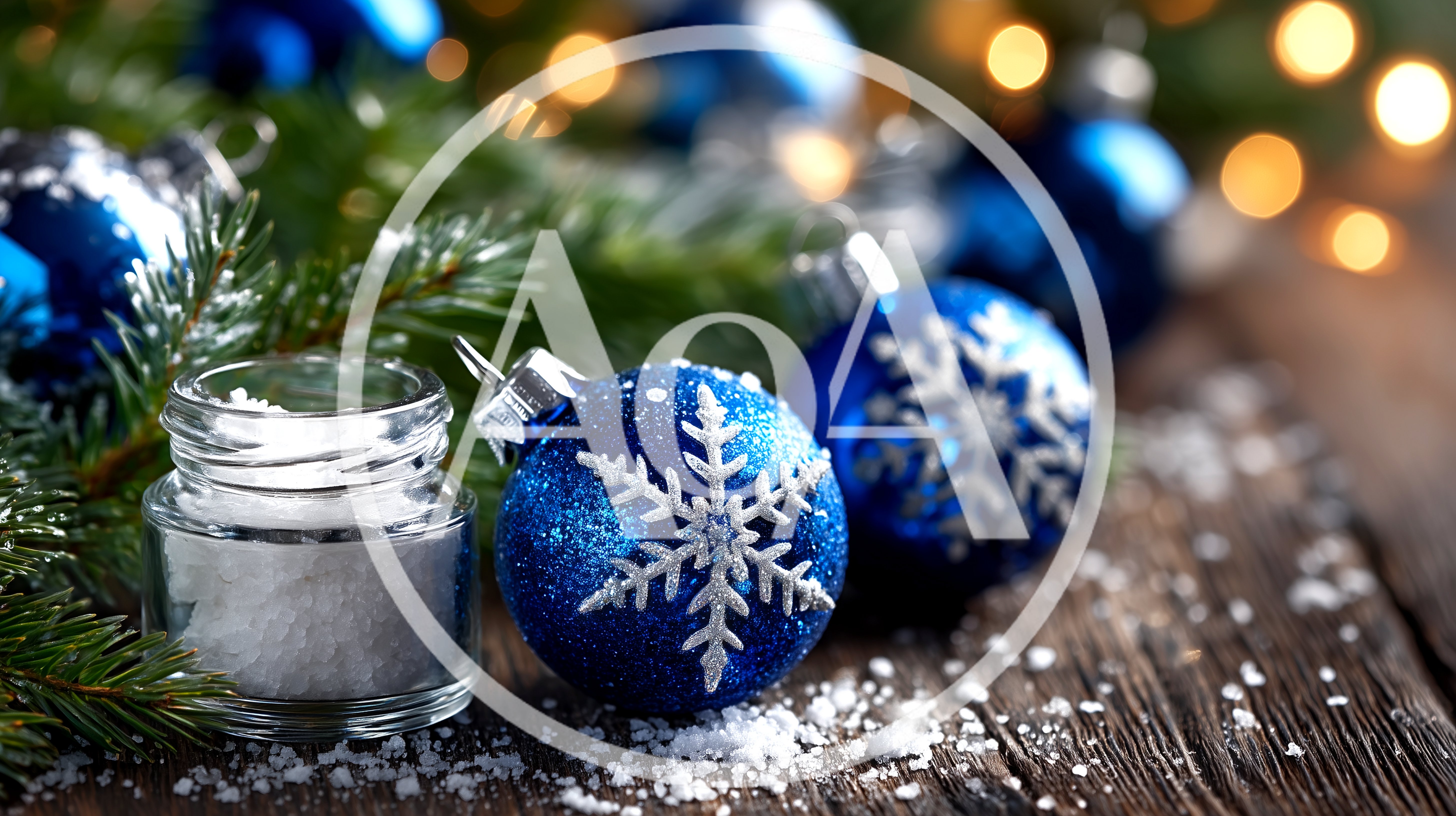 Blue Christmas Ornaments With Snow On Wooden Table