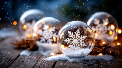 Glass Snow Globes With Snowflake Designs On Wooden Surface
