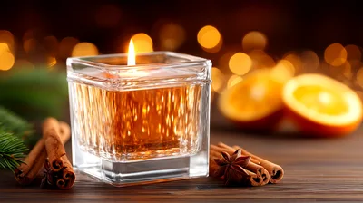 Lit Candle With Cinnamon Sticks And Orange Slices