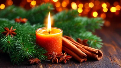Christmas Candle With Cinnamon Sticks And Pine Branches