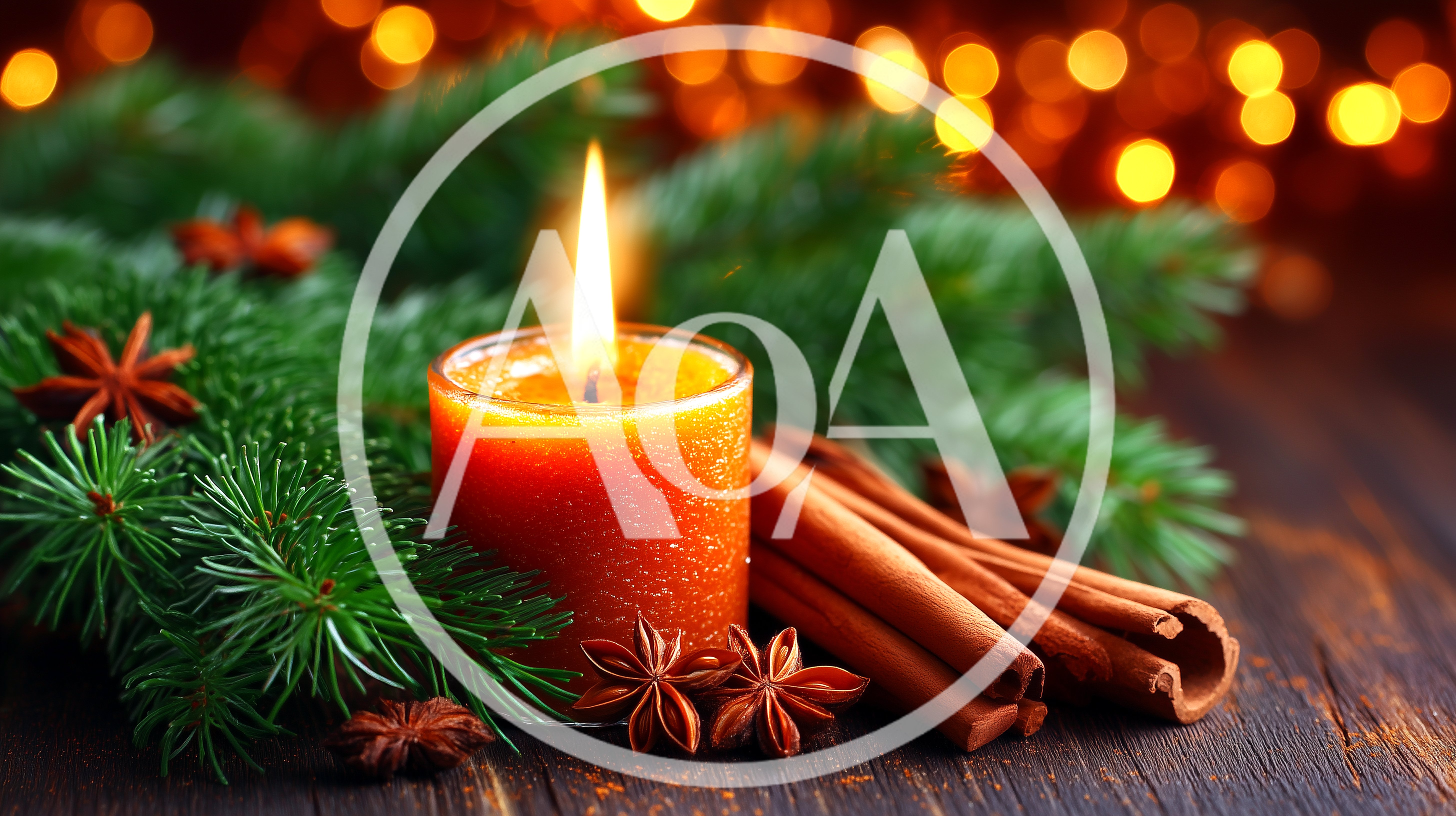 Christmas Candle With Cinnamon Sticks And Pine Branches