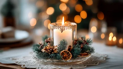 Christmas Candle Centerpiece With Pine And Dried Fruit