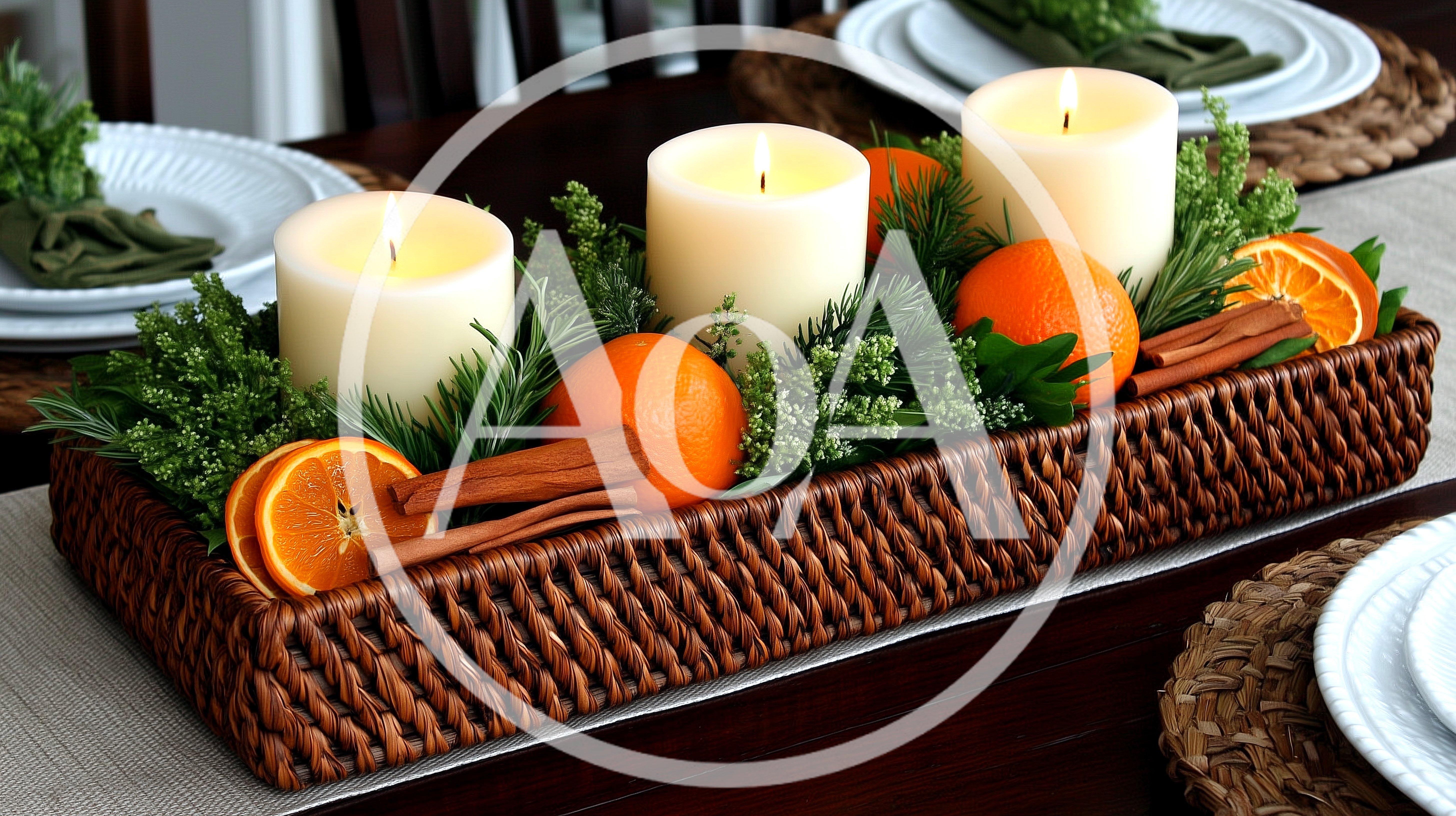 Christmas Centerpiece With Candles And Oranges