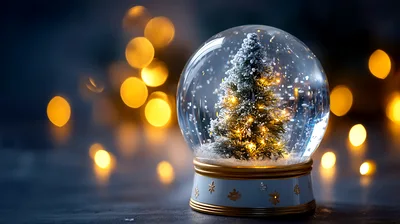Christmas Snow Globe With Glowing Tree And Bokeh Lights