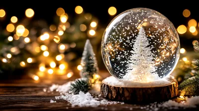 Snow Globe With Miniature Christmas Tree On Wooden Base