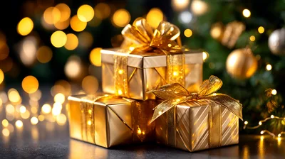 Golden Christmas Gift Boxes With Festive Bokeh Lights