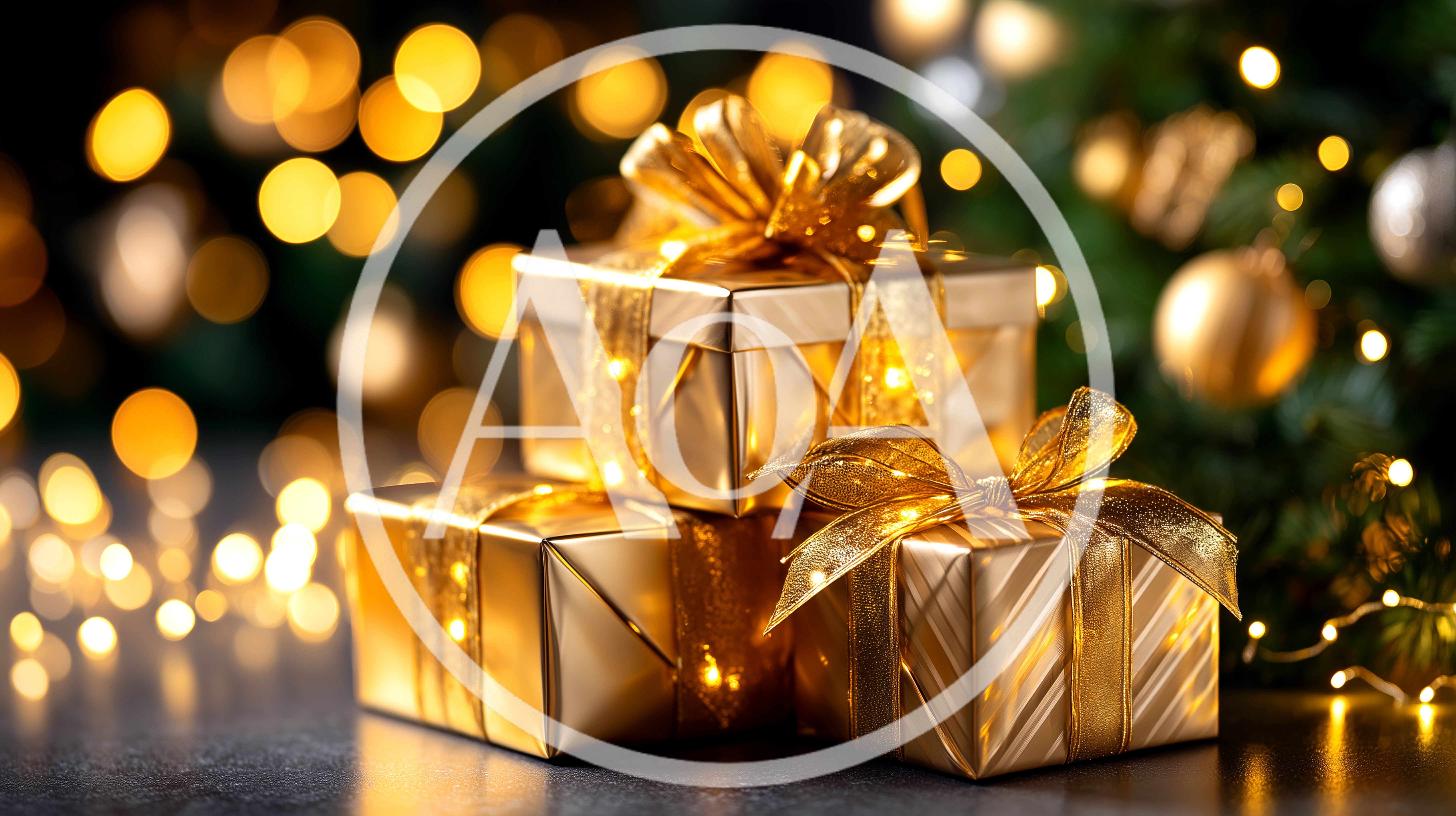 Golden Christmas Gift Boxes With Festive Bokeh Lights