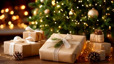 Wrapped Christmas Gifts Under A Decorated Tree