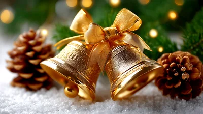 Golden Christmas Bells With Pine Cones On Snow