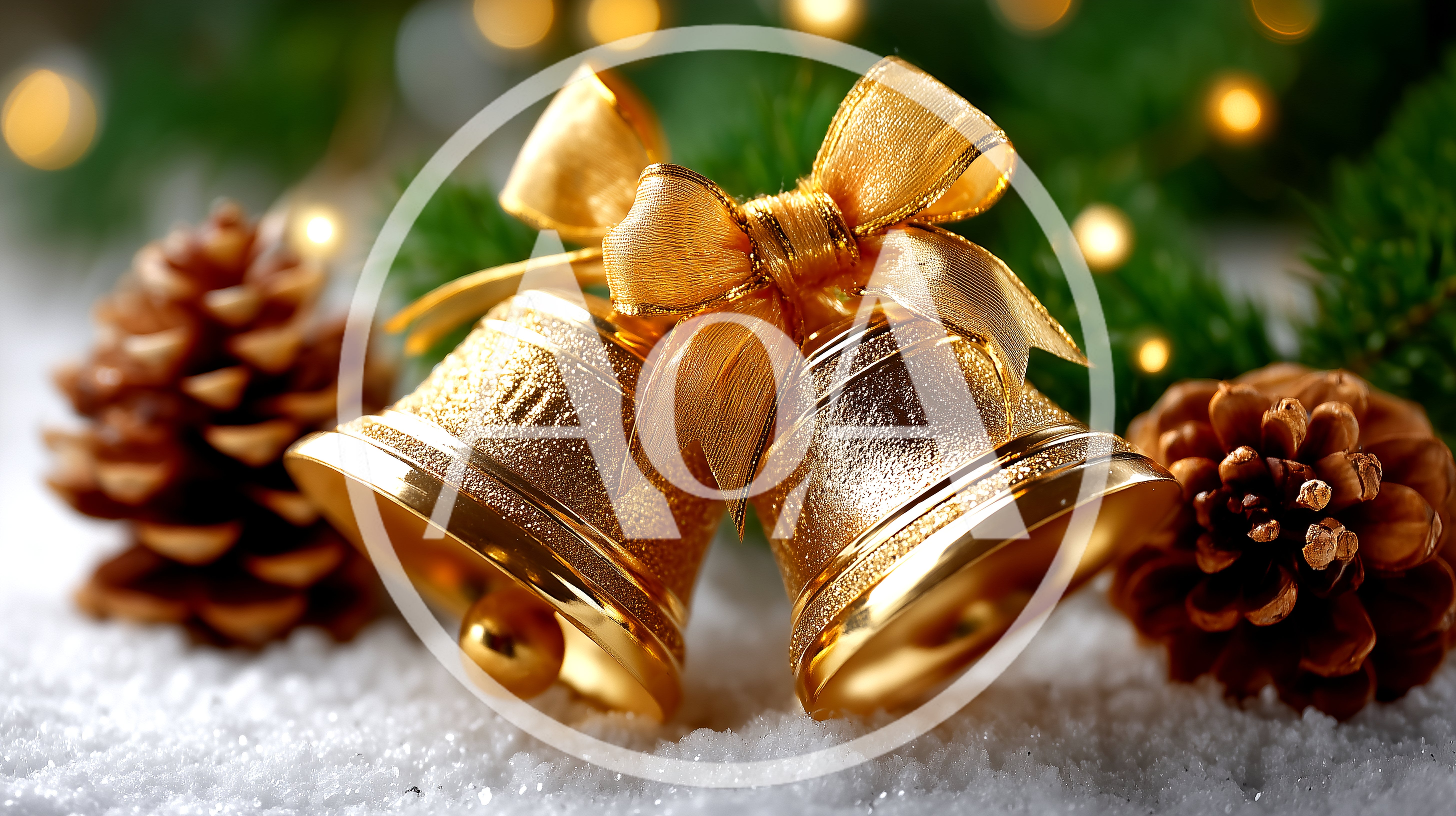 Golden Christmas Bells With Pine Cones On Snow