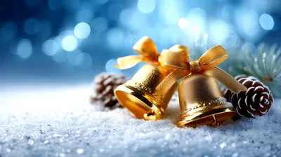 Golden Christmas Bells With Pine Cones On Snow