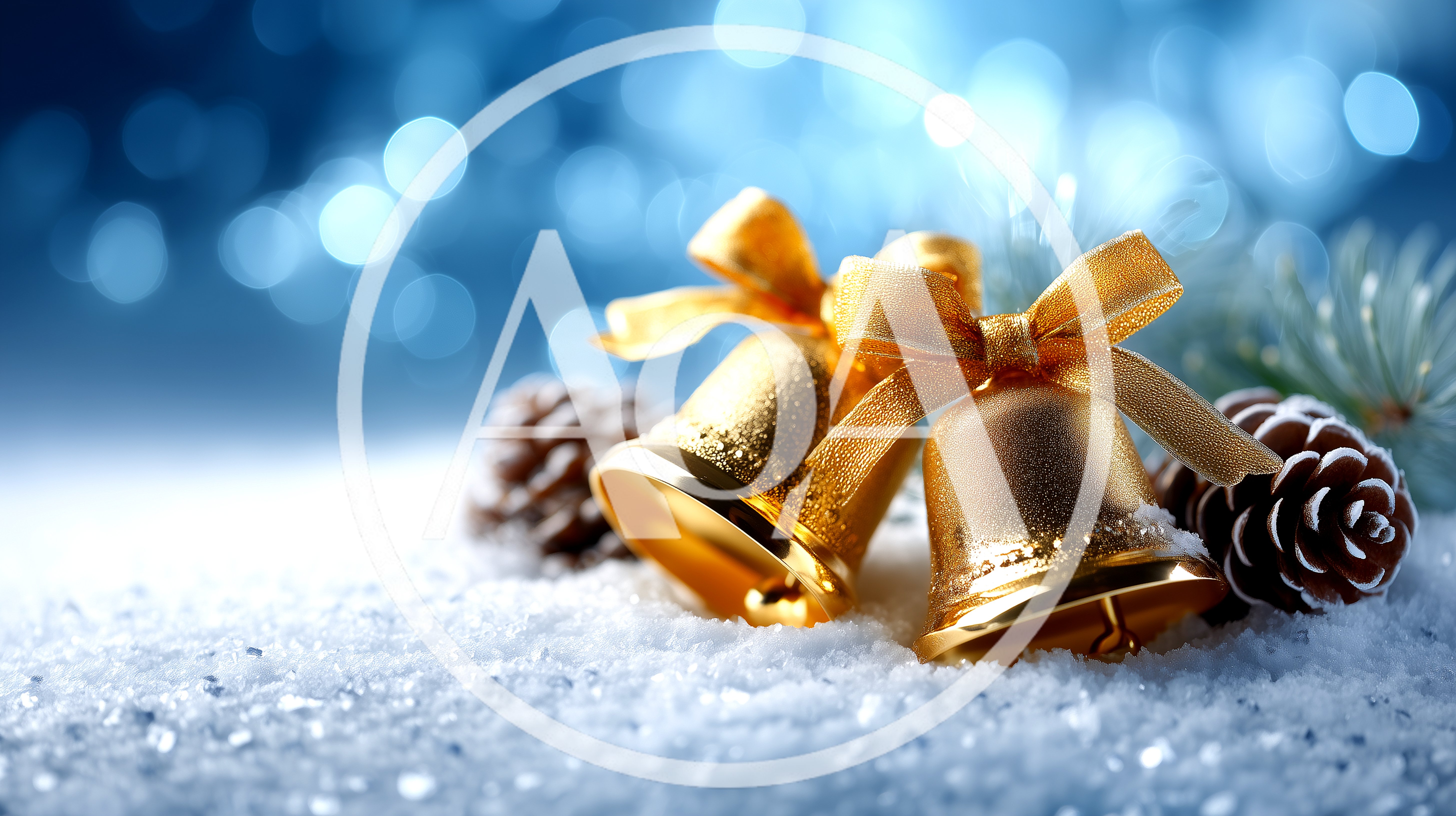 Golden Christmas Bells With Pine Cones On Snow